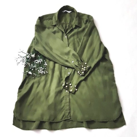 ZARA Forest Green Lyocell Womens Hi-Low Blouse White Pearl Cuffs L-Sleeve Collar - Picture 5 of 14